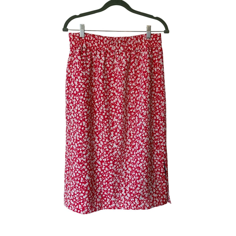 J. Crew Factory Pull On Midi Skirt sz small ditsy floral red white elastic waist